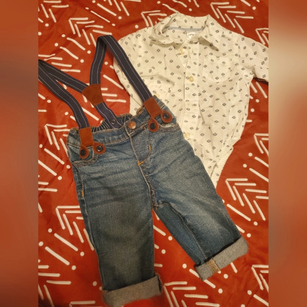 6 mo aztec button up & suspender jeans